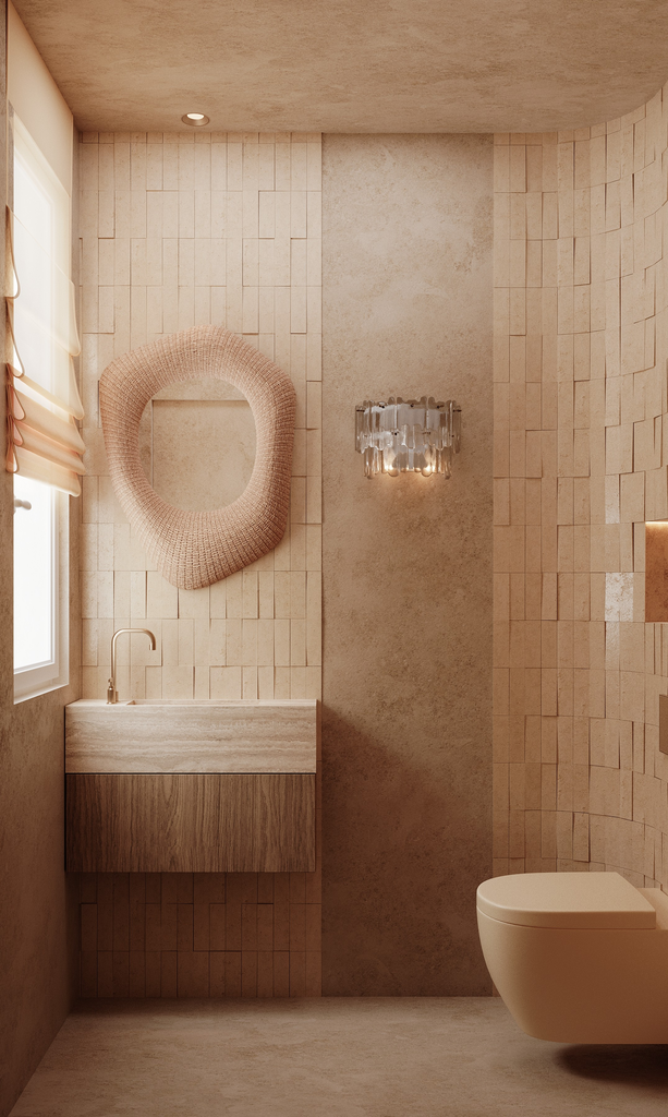 Salle de bain moderne avec un mur en carreaux beige, un miroir ovale entouré d'une structure en tissu, un petit lavabo en bois, un lavabo intégré, une lumière suspendue et une toilette.