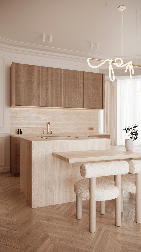 Cuisine moderne avec mobilier en bois clair, table en bois, chaises crème, végétation en pot, grande fenêtre avec rideaux blancs, luminaire élégant suspendu.