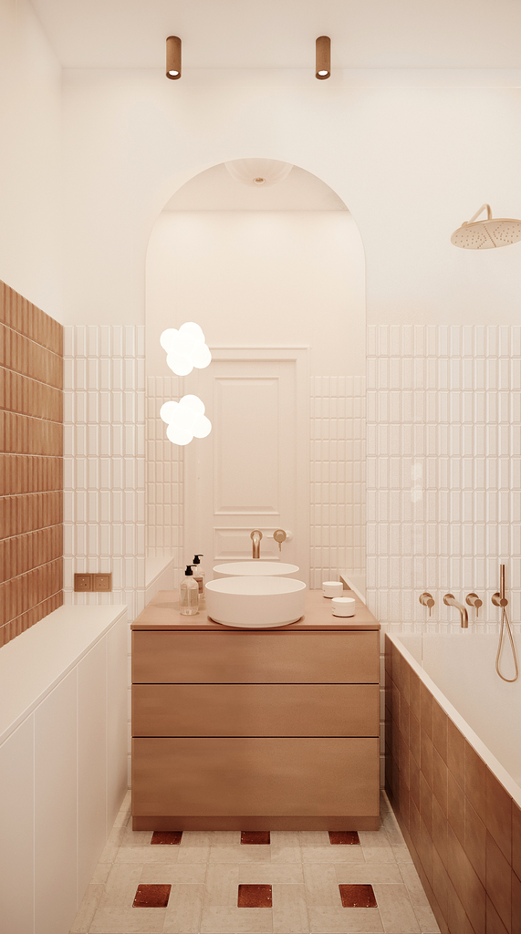 Une salle de bain moderne avec un lavabo rond sur un meuble en bois, un mur en carreaux blancs, une baignoire en bas à droite et une douche à gauche, avec un miroir au fond et un éclairage minimaliste au plafond.