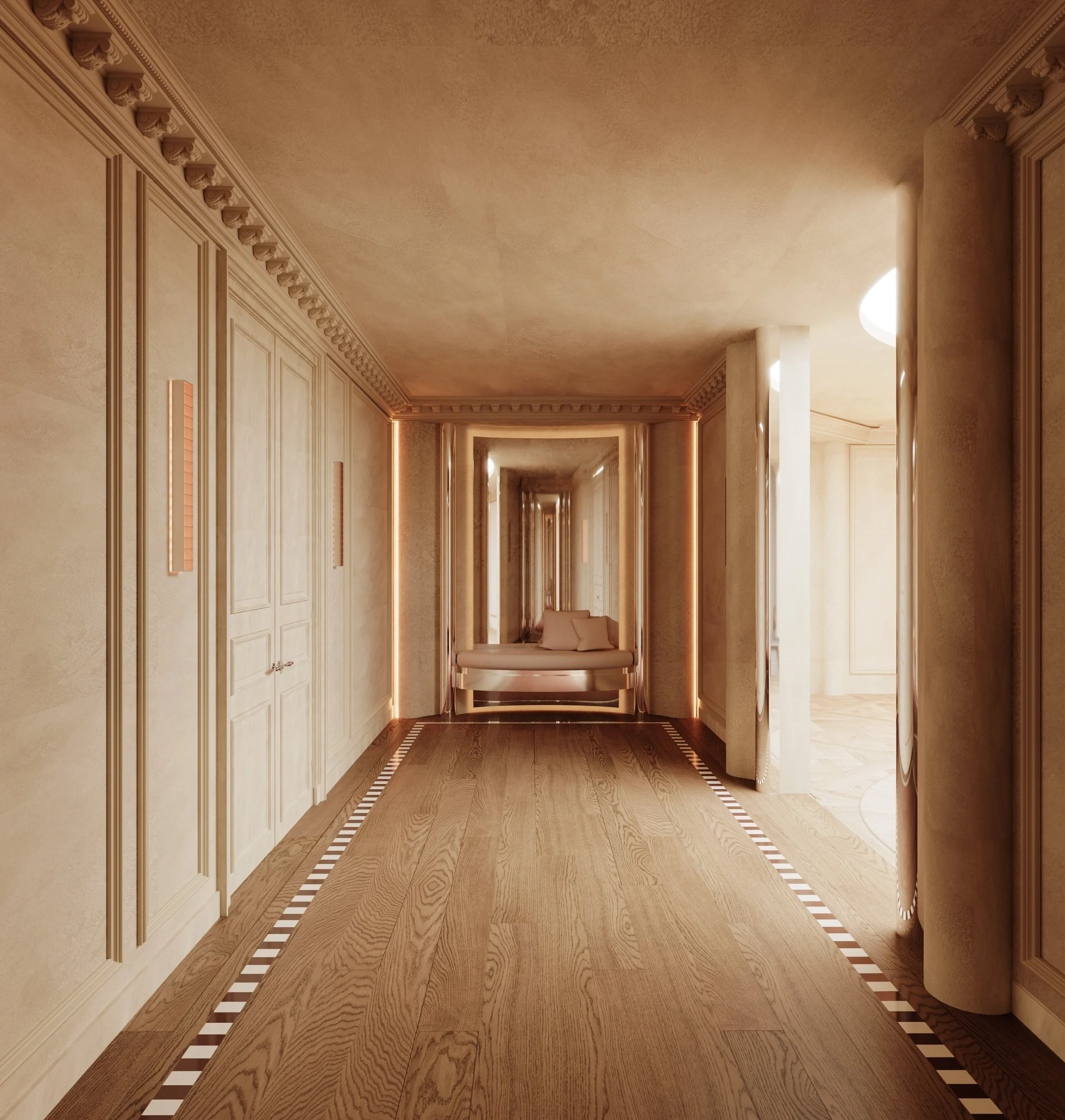 Un couloir élégant avec un sol en bois et des murs beige, orné de moulures et de lumières encastrées, menant à une salle à l'arrière.