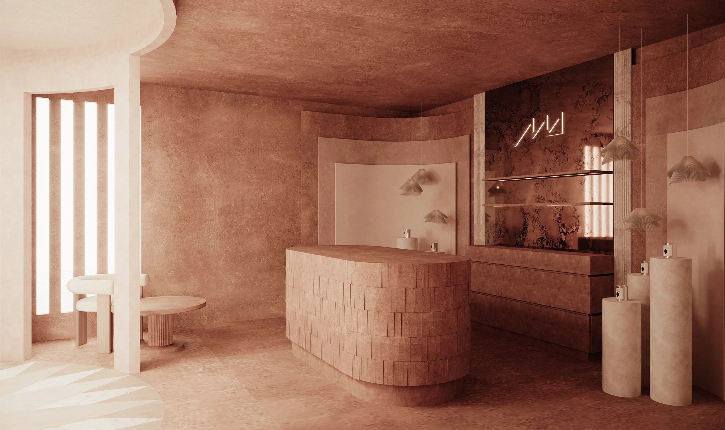 Intérieur d'un espace avec un comptoir rond en pierre rose, murs en pierre rose, décor moderne avec lampes suspendues en forme de lamelles, et un fond avec une signalisation lumineuse représentant des graphiques en hausse.