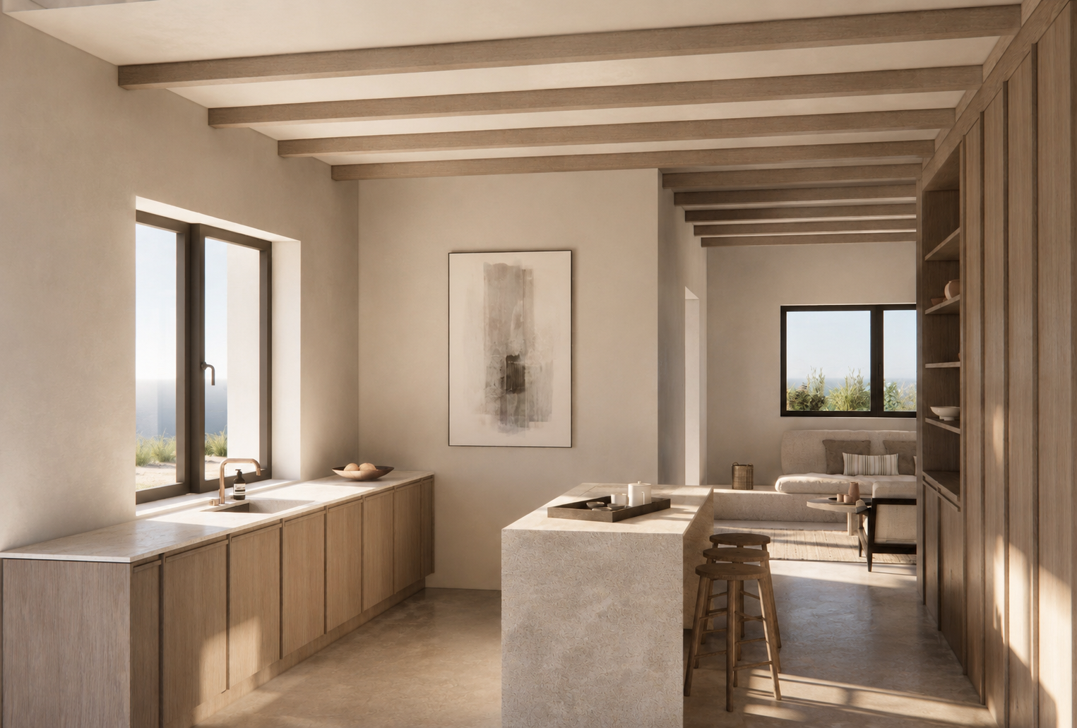 Open-concept kitchen and living area with light wood cabinetry, a kitchen island, and a sitting area with a sofa and large windows showing outdoor landscape