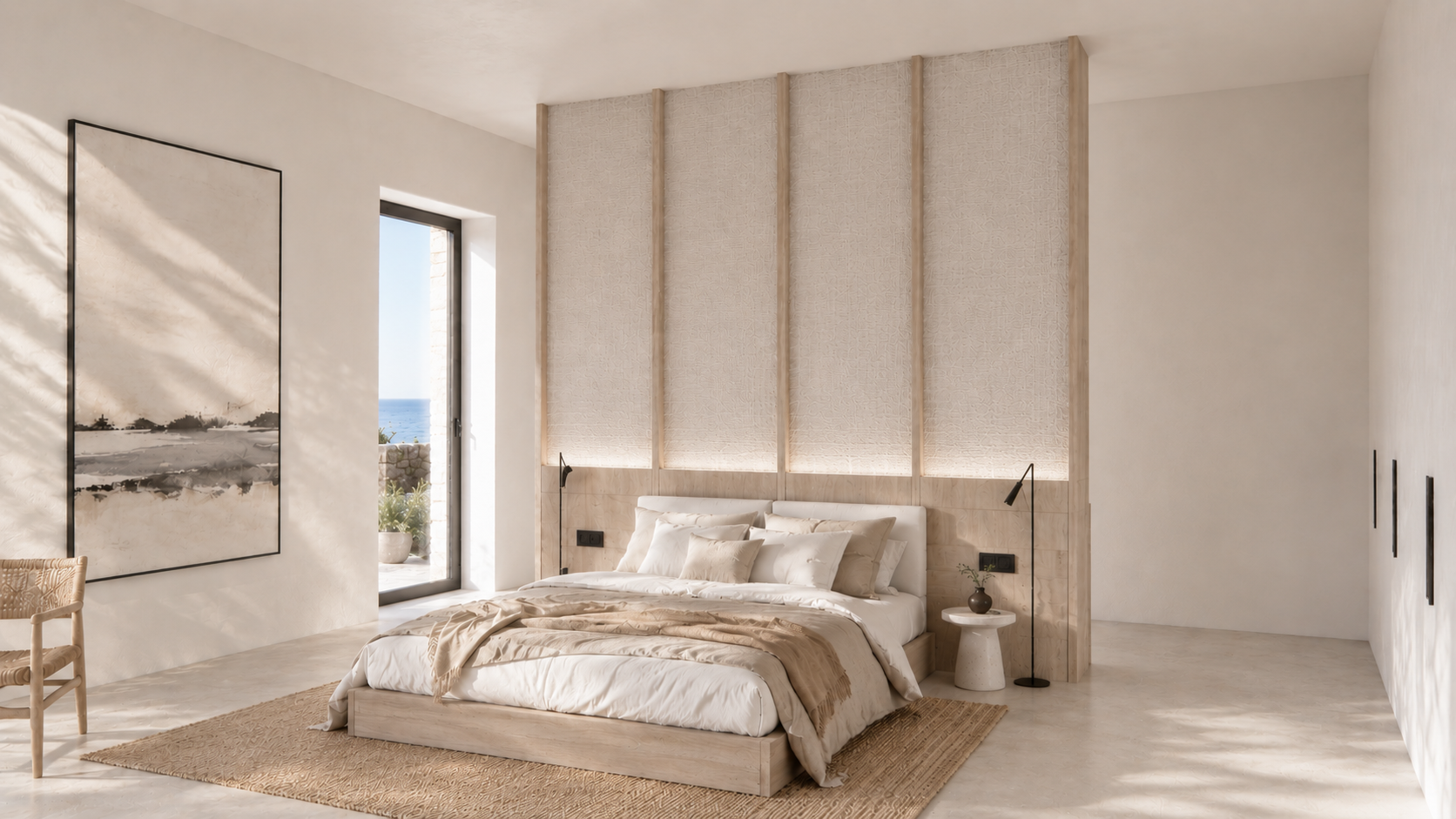 A minimalist bedroom with a neutral color palette, featuring a bed with multiple pillows, a small round side table with a vase, and a black floor lamp. There is natural light coming through an open door leading to a balcony with a view of the ocean.