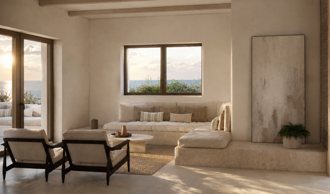 Living room with large windows showing an ocean view, beige sectional sofa with cushions, two armchairs, a round coffee table, and decorative plants.