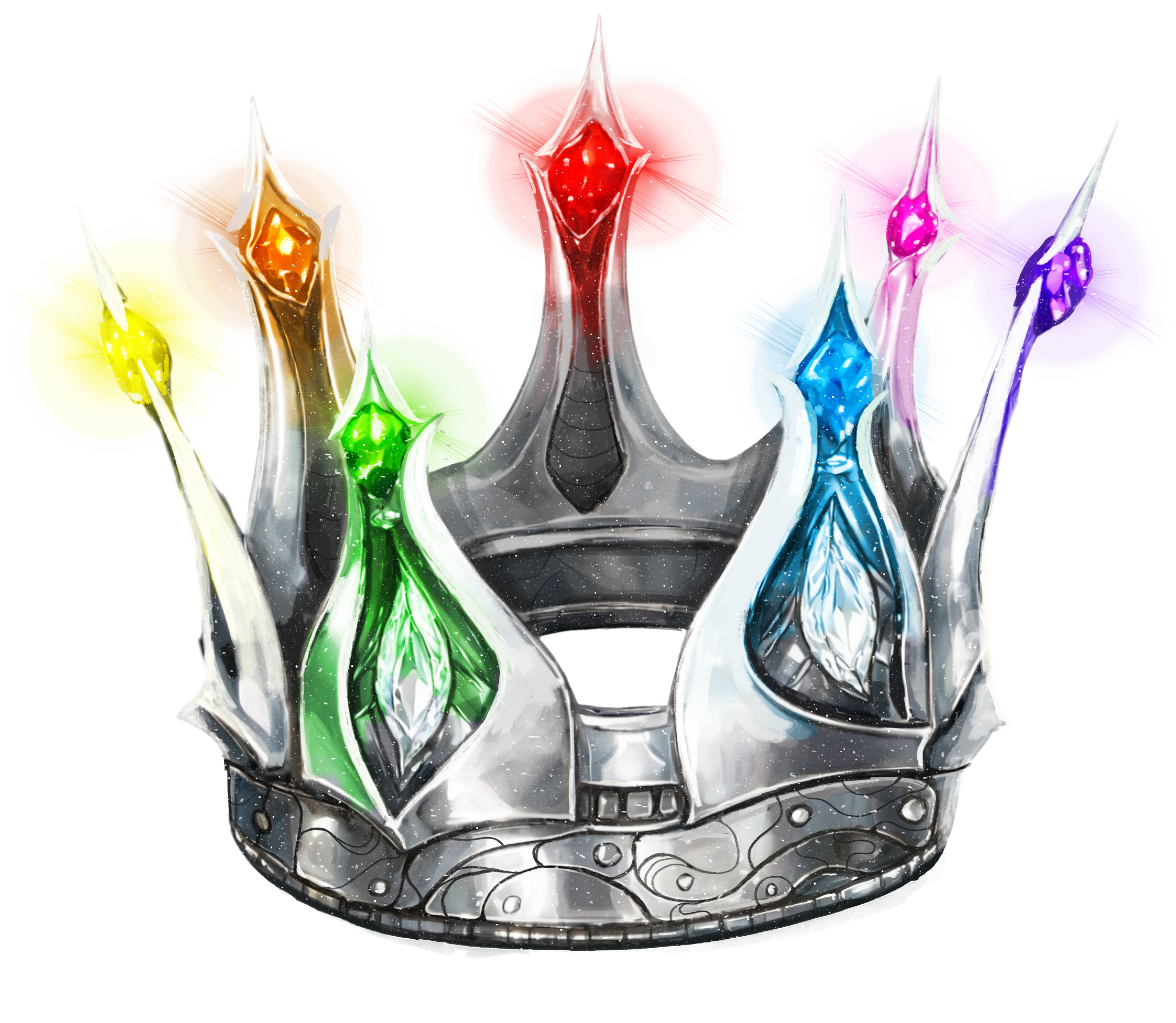 A metallic crown with multicolored glowing gemstones in red, blue, purple, pink, green, yellow, and orange, each surrounded by a luminous aura.