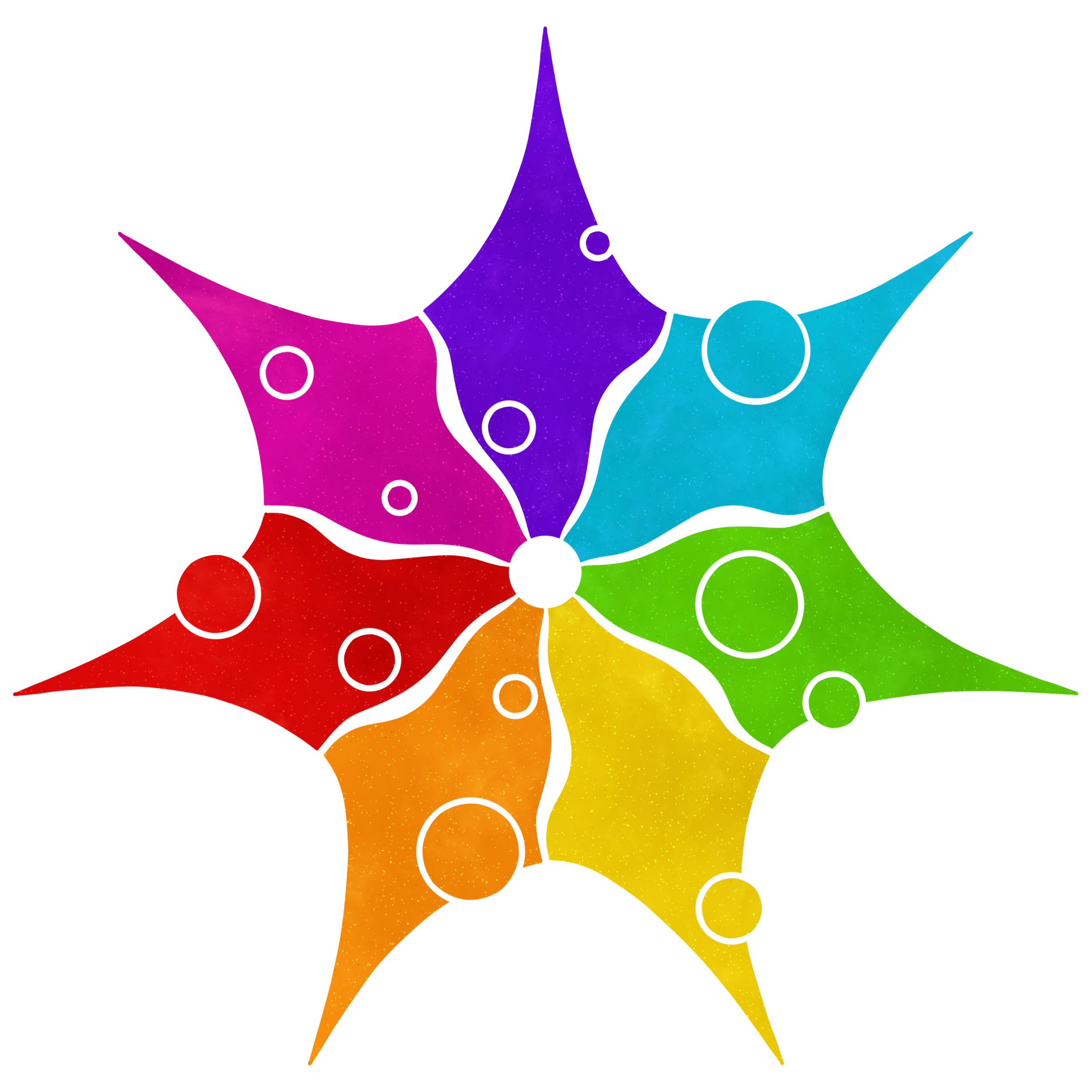 A colorful star-shaped pinwheel with six points in purple, blue, green, yellow, orange, and red, each with white circular accents, against a black background.