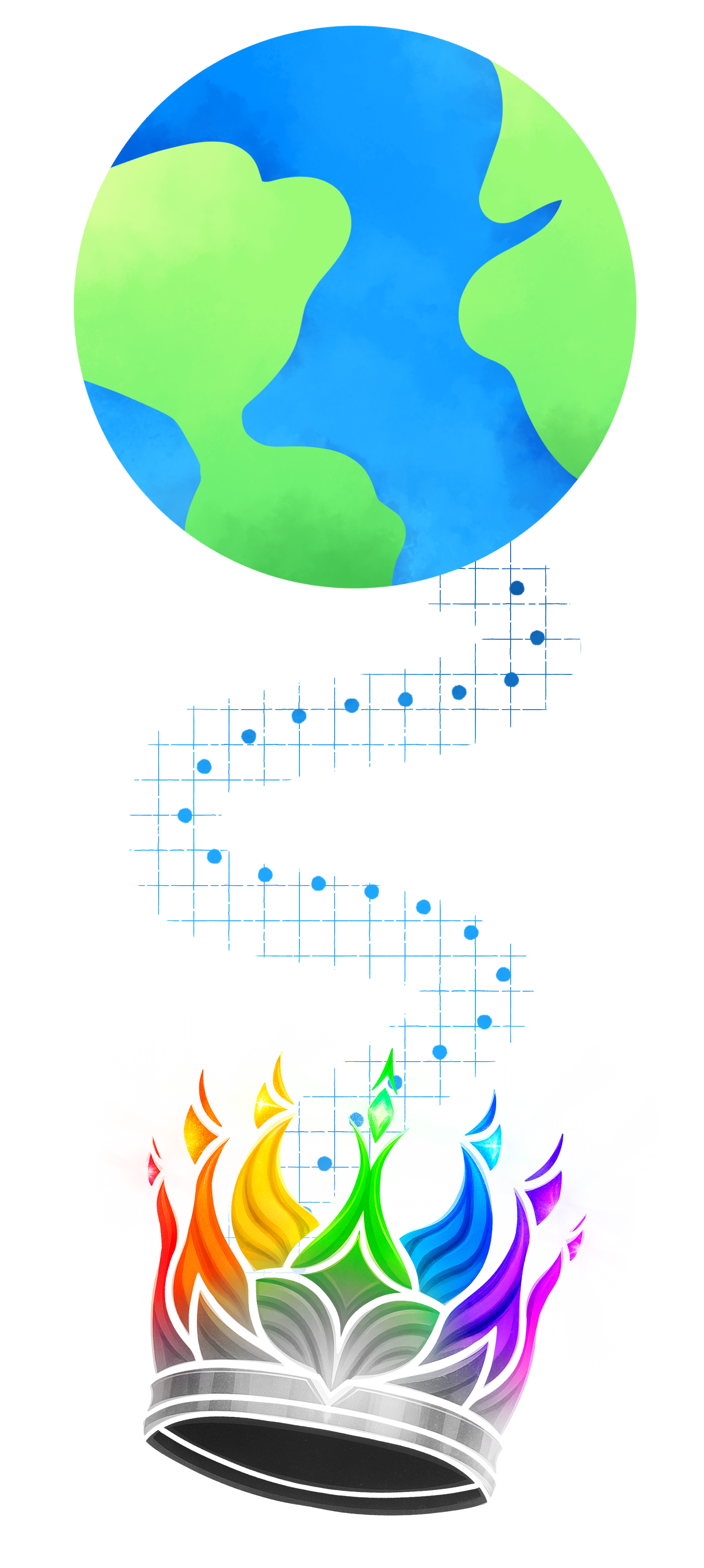 A colorful graphic features a stylized globe at the top with green landmasses and blue oceans, a blue wave pattern in the middle, and a rainbow-colored, open book with flames or abstract shapes emerging from it at the bottom.