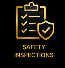 A checklist on a clipboard with a shield icon containing a checkmark, and the words 'Safety Inspections' in yellow text.