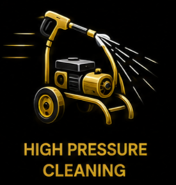 Pressure washer spraying water with the text 'High Pressure Cleaning' underneath.