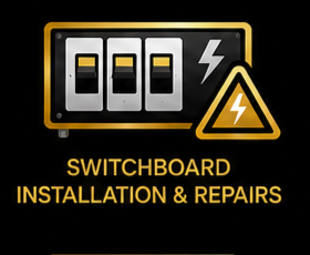 Graphic of a switchboard with four switches and a lightning bolt symbol, with the text 'Switchboard Installation & Repairs' below.