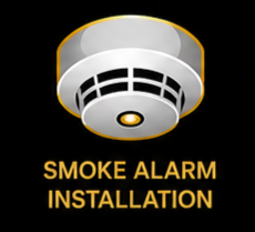 Smoke alarm mounted on ceiling with text 'Smoke Alarm Installation' below