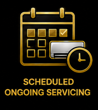 Golden calendar icon with a checkmark, a gray credit card, and a clock, with the text "Scheduled Ongoing Servicing" beneath.