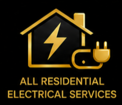 Gold and black residential electrical services icon featuring house outline and power plug branding.