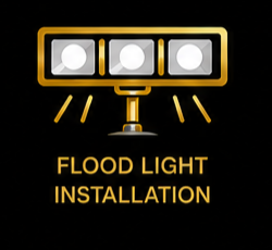 Flood light installation sign with three floodlights and text