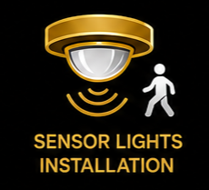 Illustration of a sensor light with a person walking nearby, and text 'Sensor Lights Installation' in yellow.
