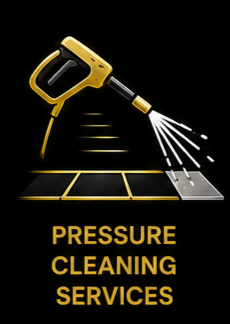 Logo for pressure cleaning services showing a yellow pressure washer spraying water onto a surface with a black background and yellow text
