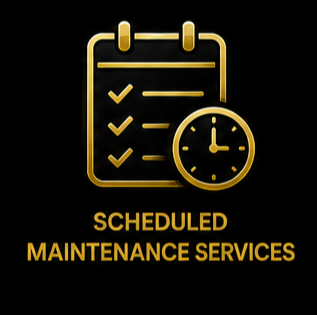 Gold icon of a checklist and clock above the text 'Scheduled Maintenance Services' on a black background.