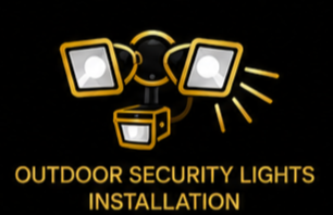Logo of outdoor security lights installation with a stylized depiction of security cameras and lights above the text