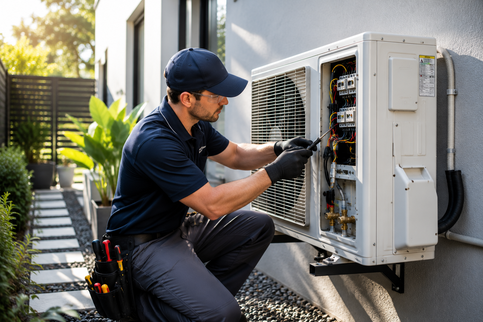 Professional air conditioning technician servicing outdoor split system unit in Melbourne home.