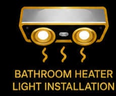 Graphic of a bathroom heater light installation with a black background and yellow text