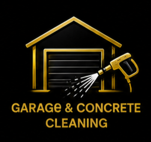 Illustration of a garage with a house roof outline and a spray nozzle cleaning concrete. Text reads 'Garage & Concrete Cleaning' in gold letters.