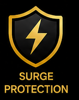 Black shield with a yellow lightning bolt and yellow border, with yellow text that reads 'SURGE PROTECTION'