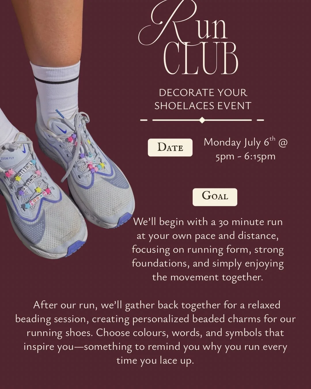 Join us for a community run  that begins with a relaxed, all-level 30-minute run focused on movement, form, and simply enjoying the journey. Then we&rsquo;ll settle into the studio to bead our running shoes with words, colours, and symbols that inspi