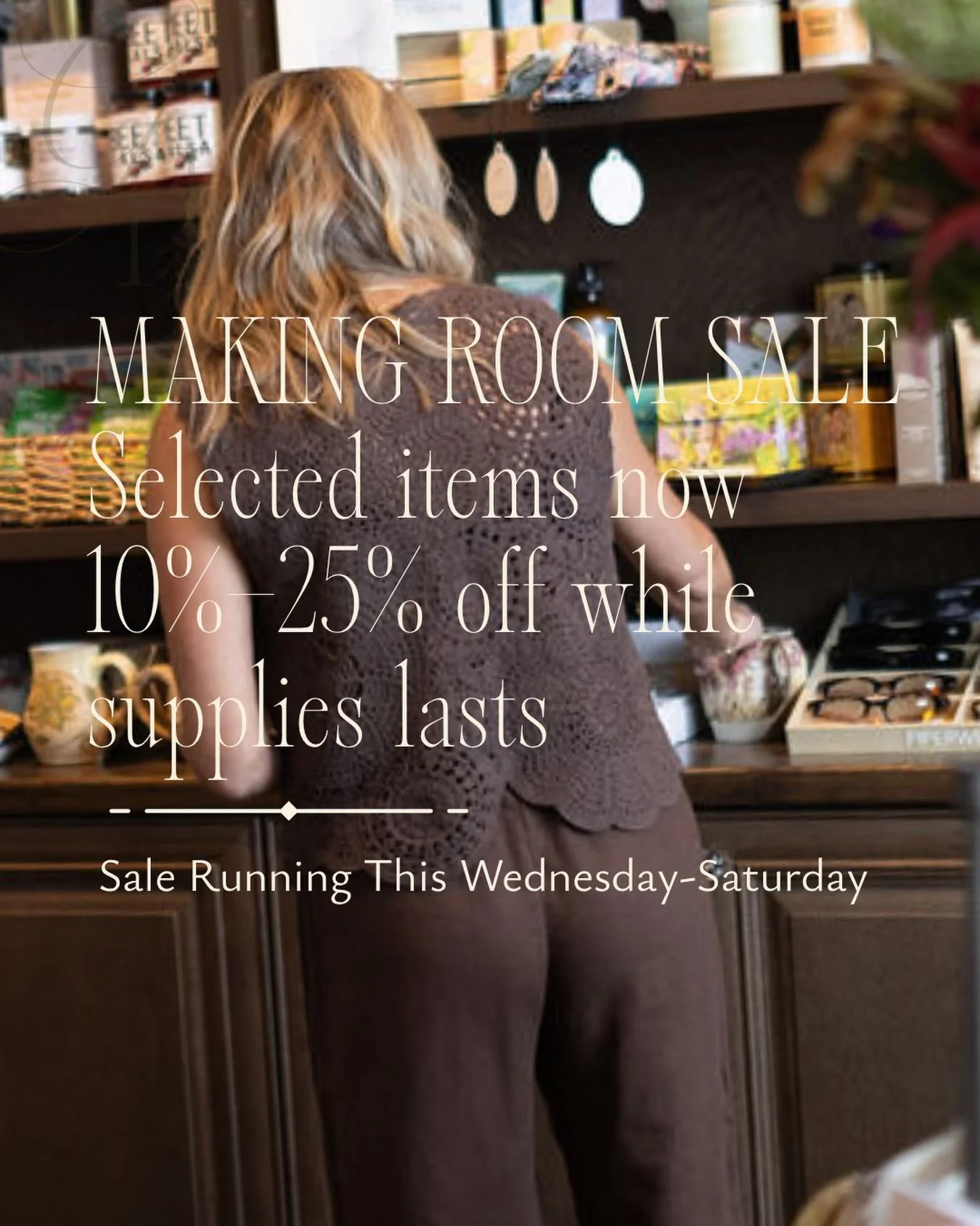 As we step into September and begin shifting with the season, we&rsquo;re making a little room for what&rsquo;s to come.

Select pieces throughout the market will be on sale starting tomorrow until Saturday. 

&mdash; a beautiful chance to take home 