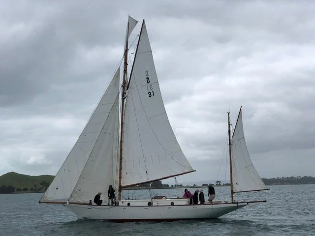 A sailboat with large white sails on the water near a cloudy sky, with a shoreline visible in the background.