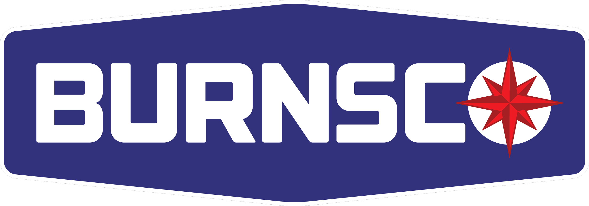 BURNSO logo with blue background, white bold uppercase letters, and a red star inside a white circle to the right.