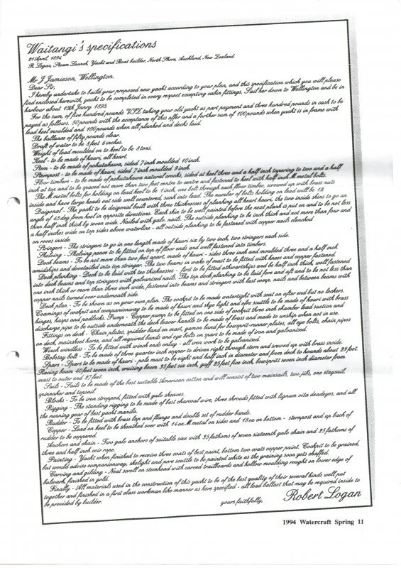 Waitangi Specifications (from Spring 1994 Watercraft Magazine).