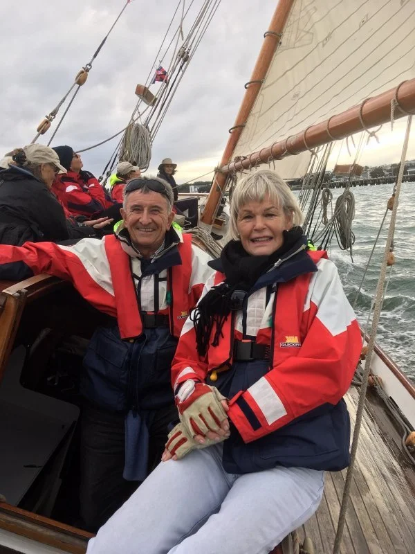 Charity auction winners and delightful guests to have on board for race two of the winter series. Barry and Christina Cairns.