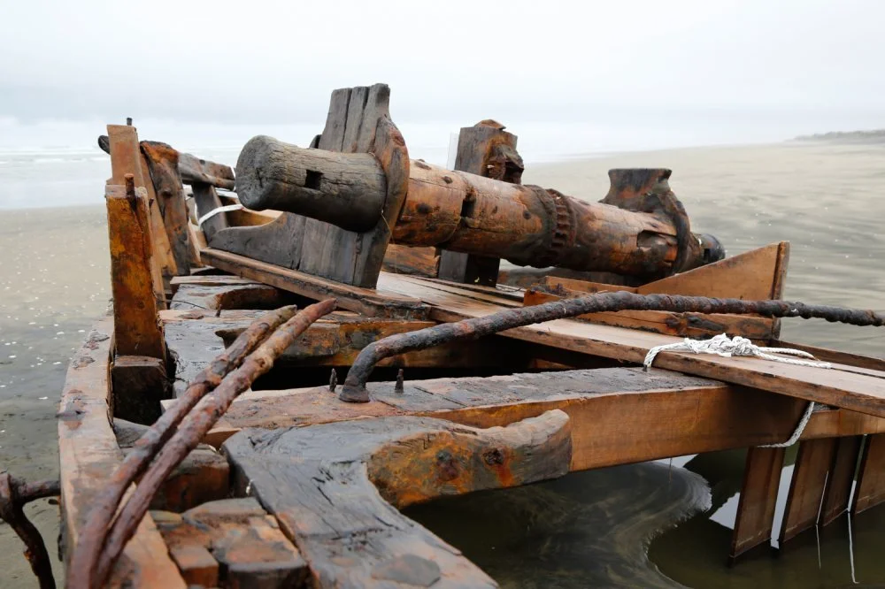Rusty, derailed railroad boat stuck on a beach.
