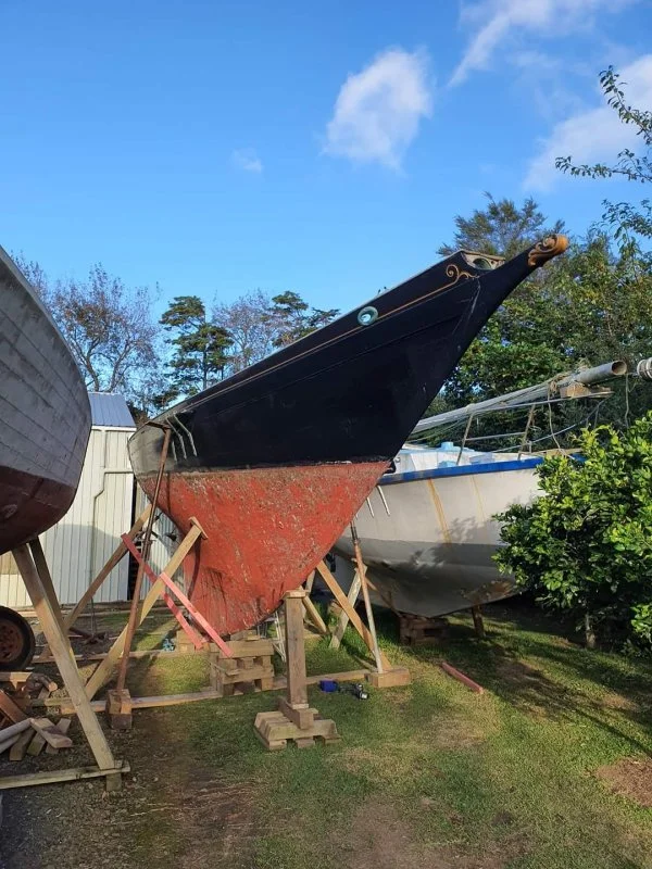 Safely stored at Peter Brookes boat yard February 2023.