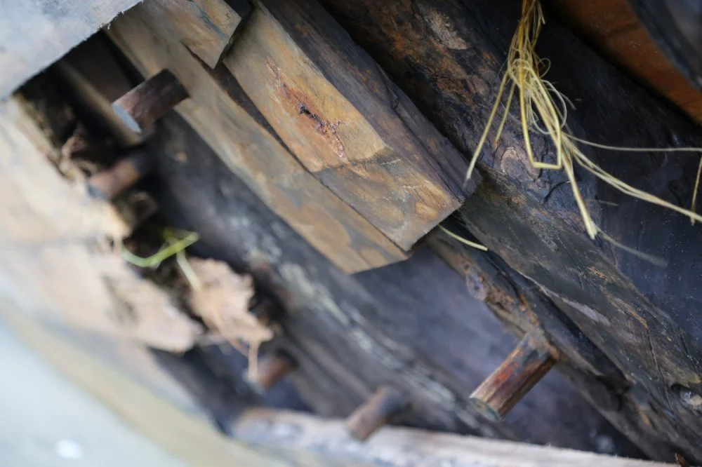 Close-up of old, weathered wooden beams with rusty nails and some straw-like debris in a dark space.