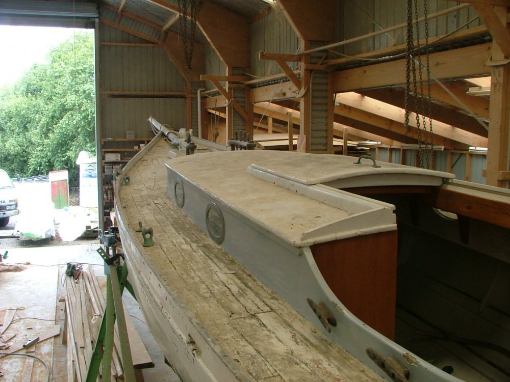 Gloriana under restoration at Horizon Boats Ltd.