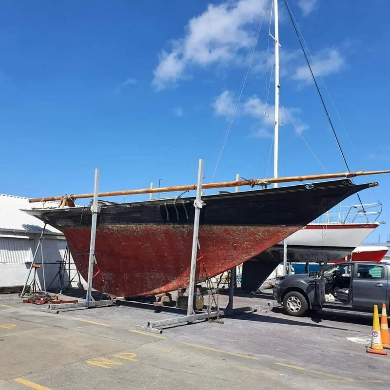 On the hard in Wellington. Cleaned off and ready to transport. Great lines.