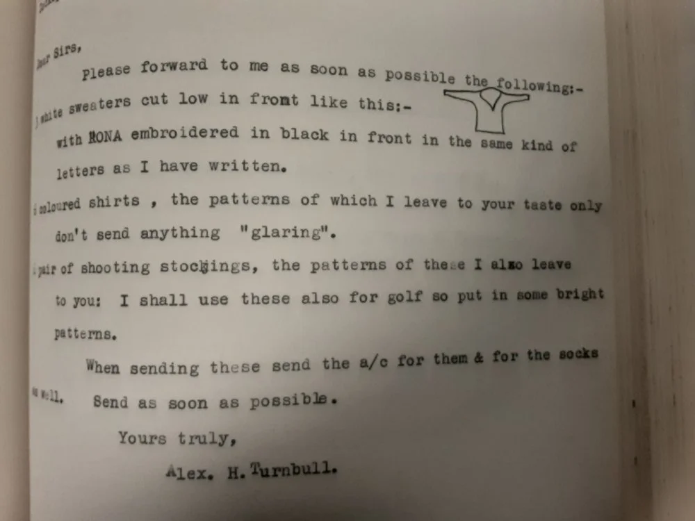 Letter from Alexander Turnbull ordering Rona team shirts.