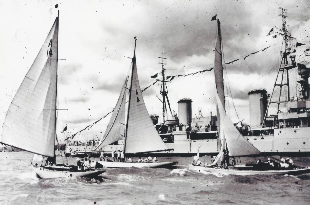 HMS Bellona, Ngataringa A14, Iorangi A4 and Ida A11 Auckland Anniversary Day regatta 1953.