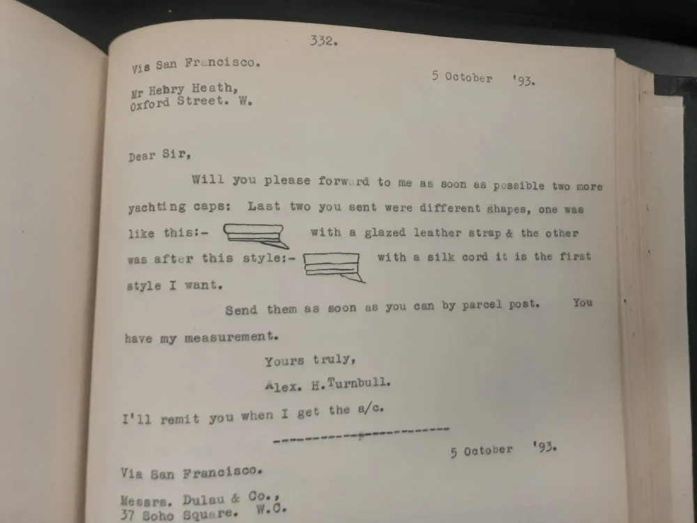 Letter from Alexander Turnbull ordering Rona caps.