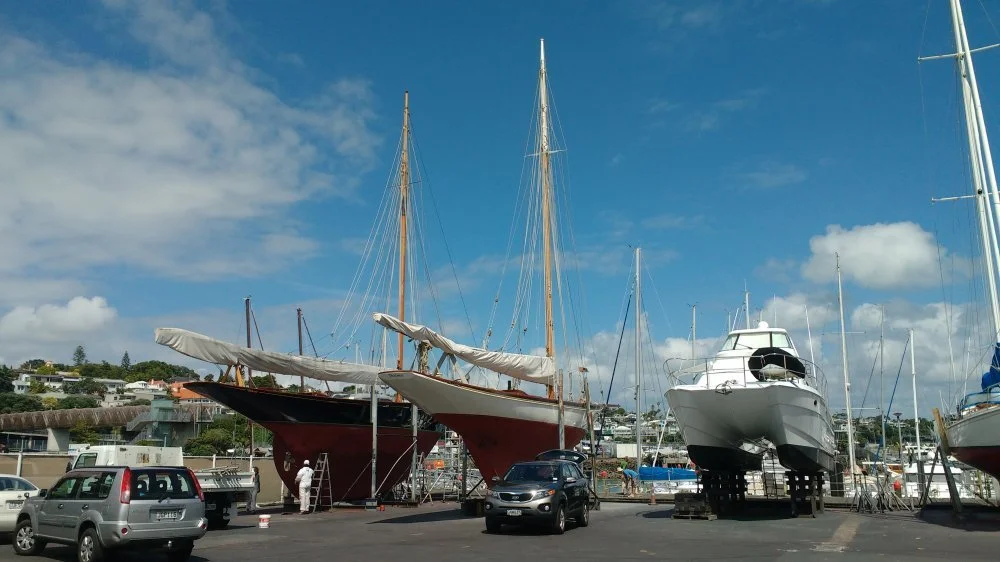 Haulout January 2018. Waitangi for Antifoul, anode change and topside polish. Thelma for rudder repairs and repairs to engine turbo.