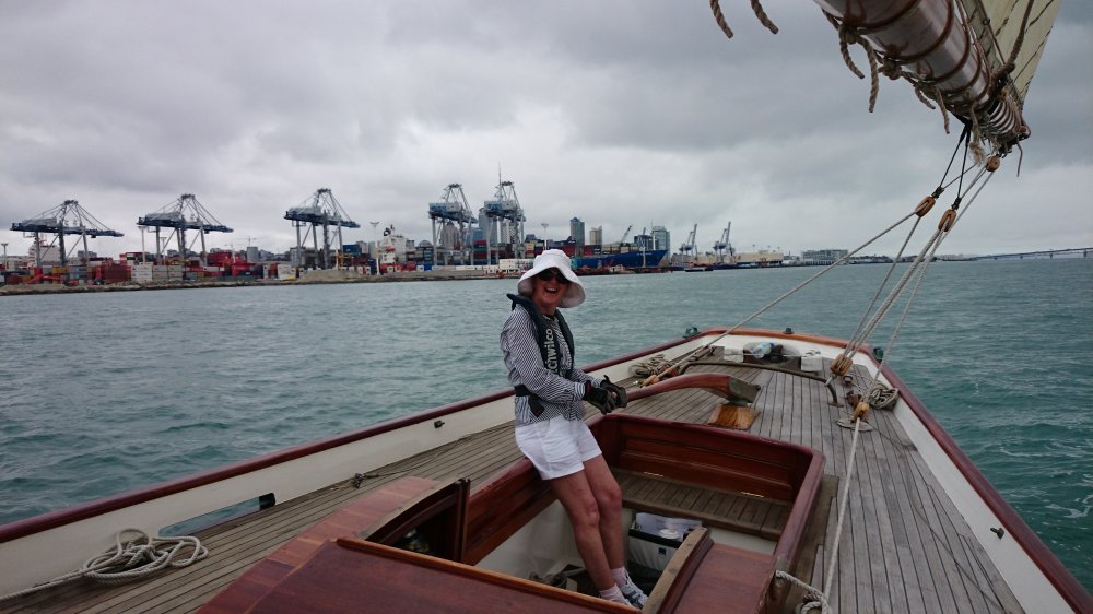Jane Schultz holding her steady while the headsails go up.
