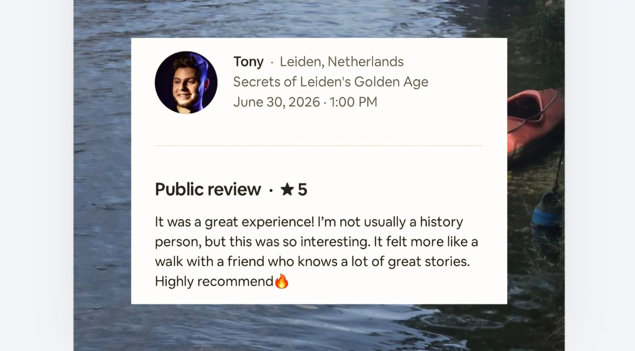 Guest review praising the stories and small-group experience on a Leiden walking tour