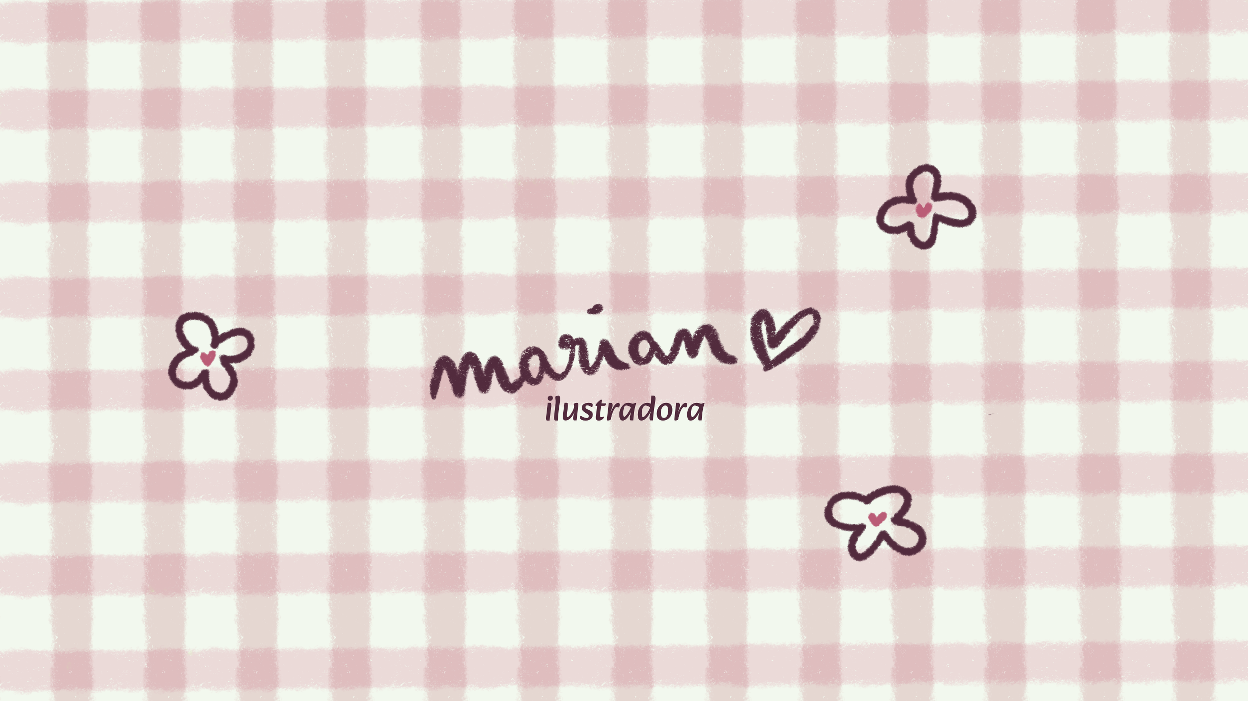Fondo de cuadros rosa y blanco con el texto 'marian ilustradora' rodeado de dibujos de mariposas pequeñas con corazones en la parte central de la imagen.
