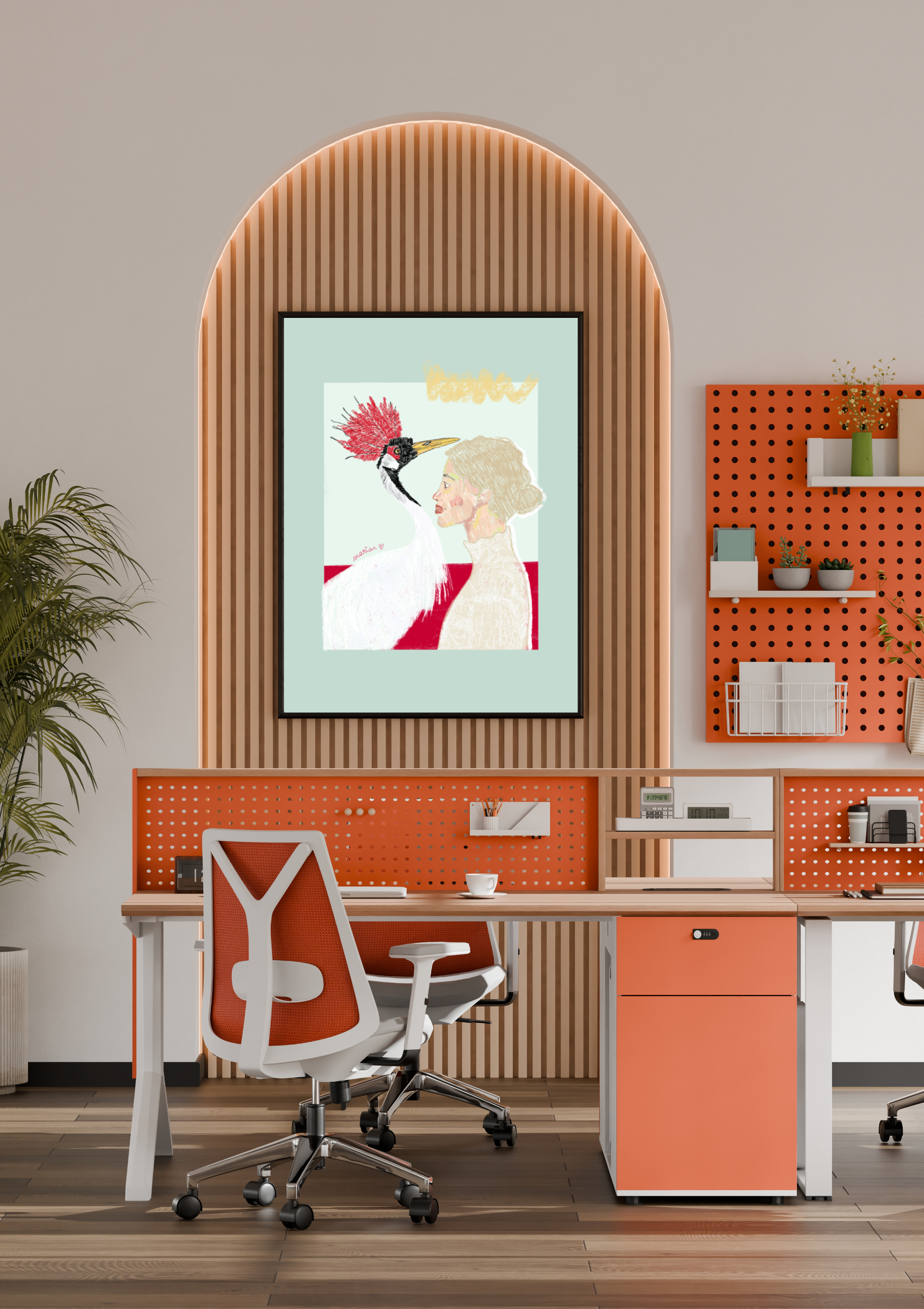 Oficina moderna con escritorio, silla ergonómica blanca y acento en color naranja, estantería con plantas y libros, y cuadro decorativo en la pared.