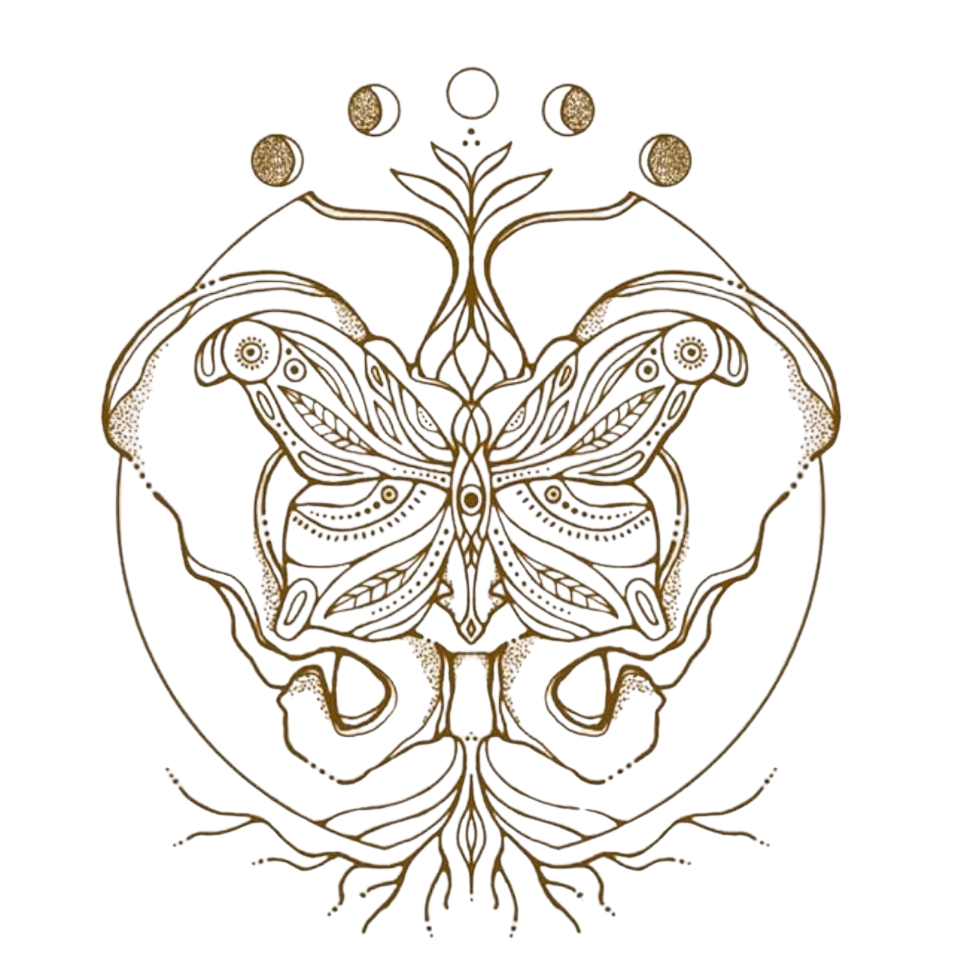 Intricate symmetrical design featuring a butterfly at the center, with detailed patterns resembling floral or natural elements, rendered in a metallic or gold tone.