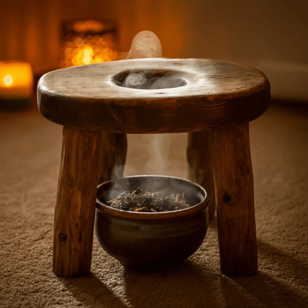 A wooden incense holder with smoke rising from the incense stick, placed on a carpeted floor with warm, ambient lighting in the background.