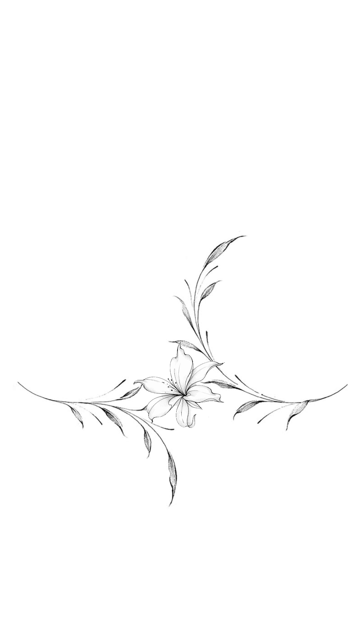 Elegant black and white floral design with a central lily and swirling leaves.