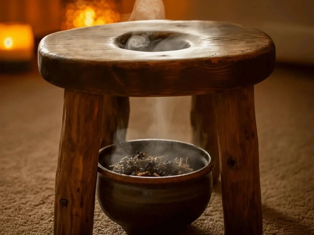 A small wooden stool with a bowl of burning herbs underneath it, producing smoke, in a cozy, warm-lit room.
