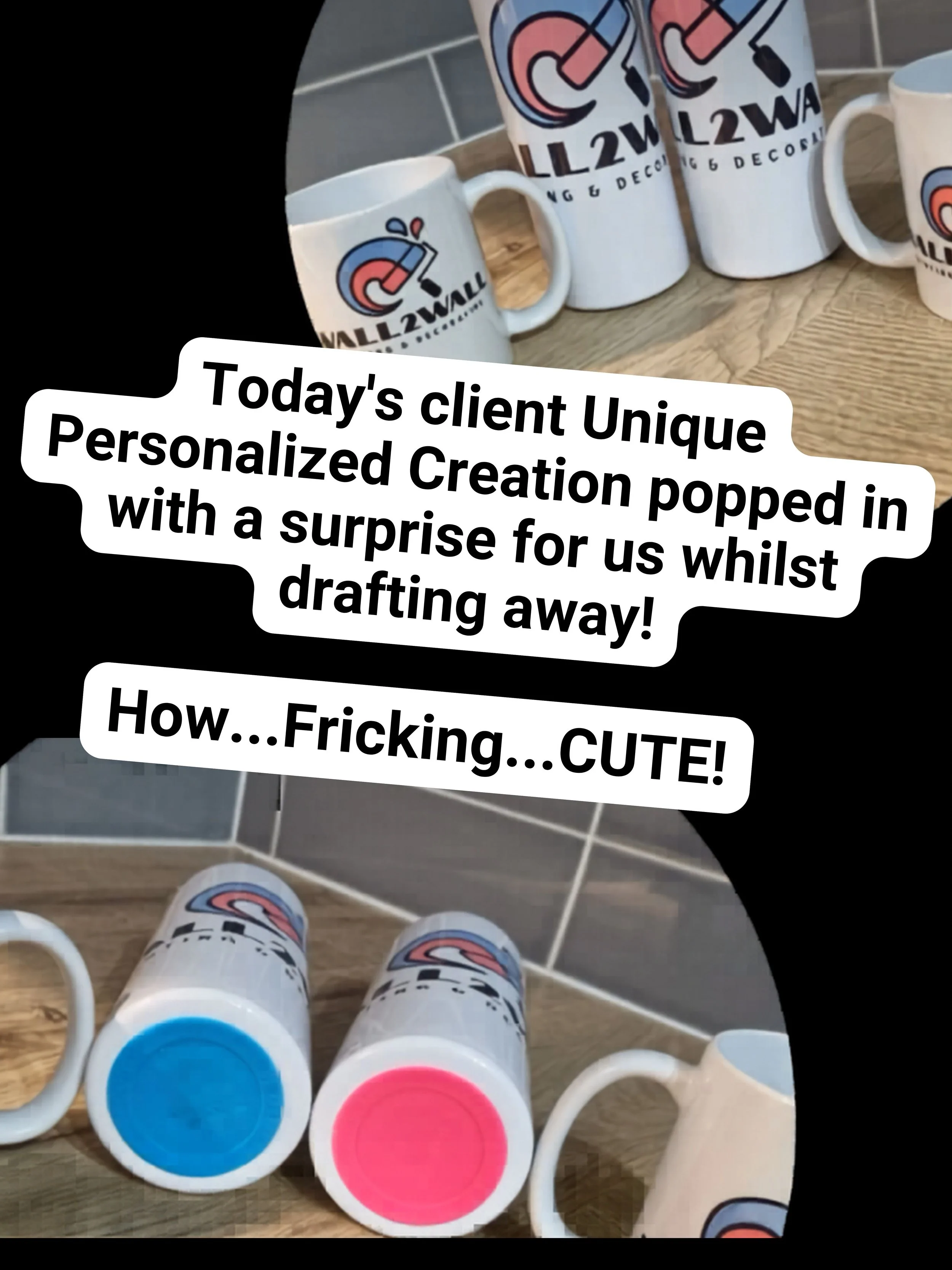 Multiple white ceramic mugs with colorful logo and text, some with blue and pink colored insides, placed on a wooden table, with a background of gray tiled wall.